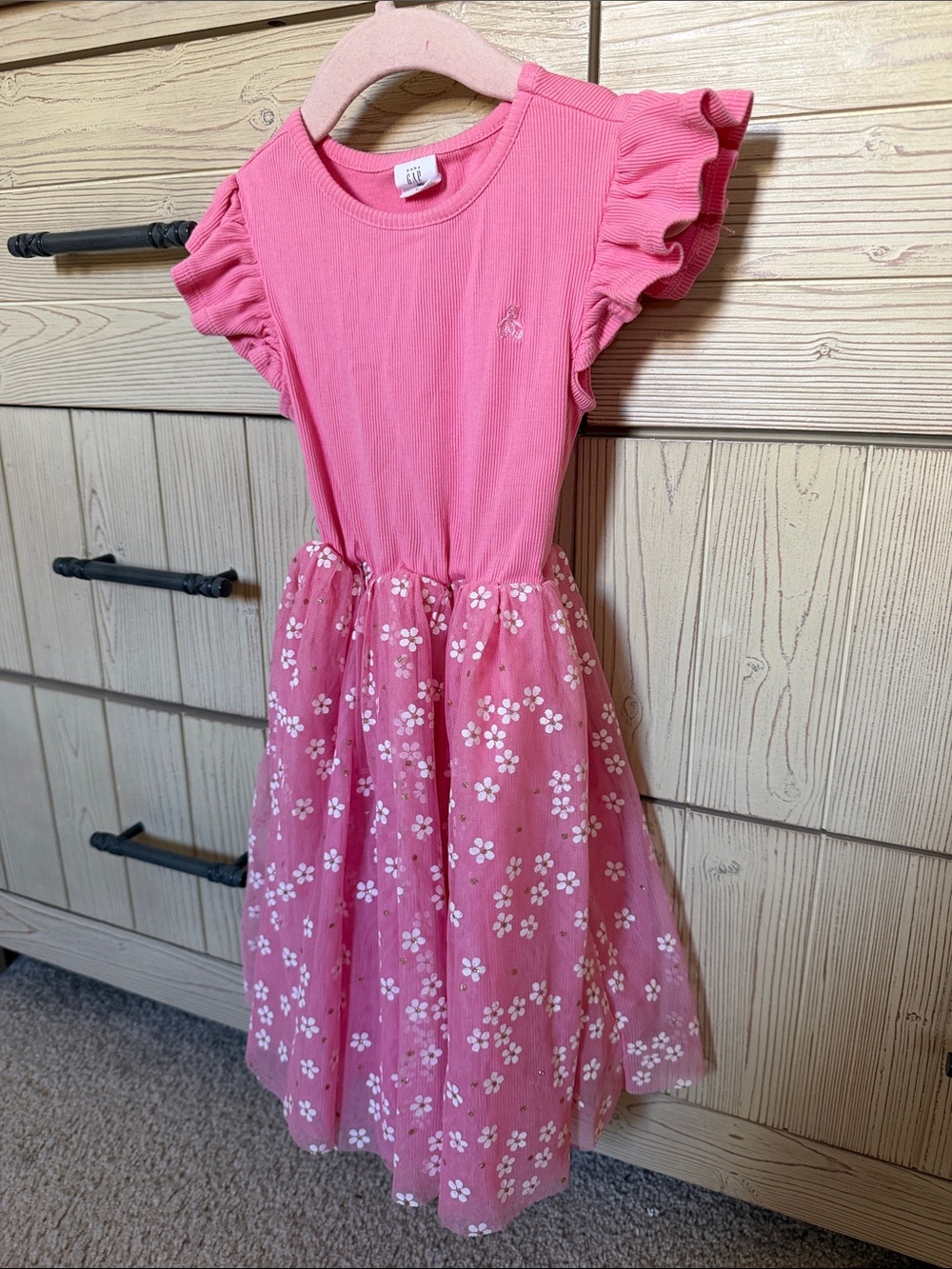 GAP Pink Floral Tulle Dress with Ruffle Sleeves